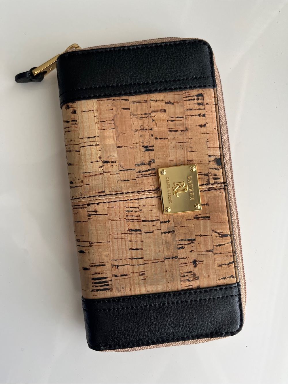 Lauren Ralph Lauren Black & Cork Zip Wallet with Gold Plaque